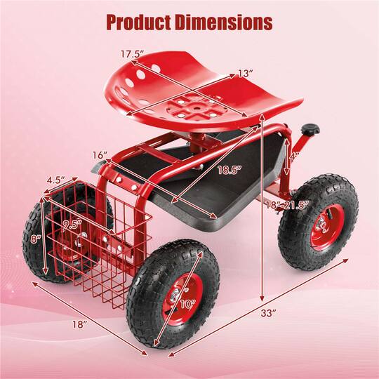 Costway Garden Cart Patio Wagon Rolling Work Seat with Tool Tray Basket